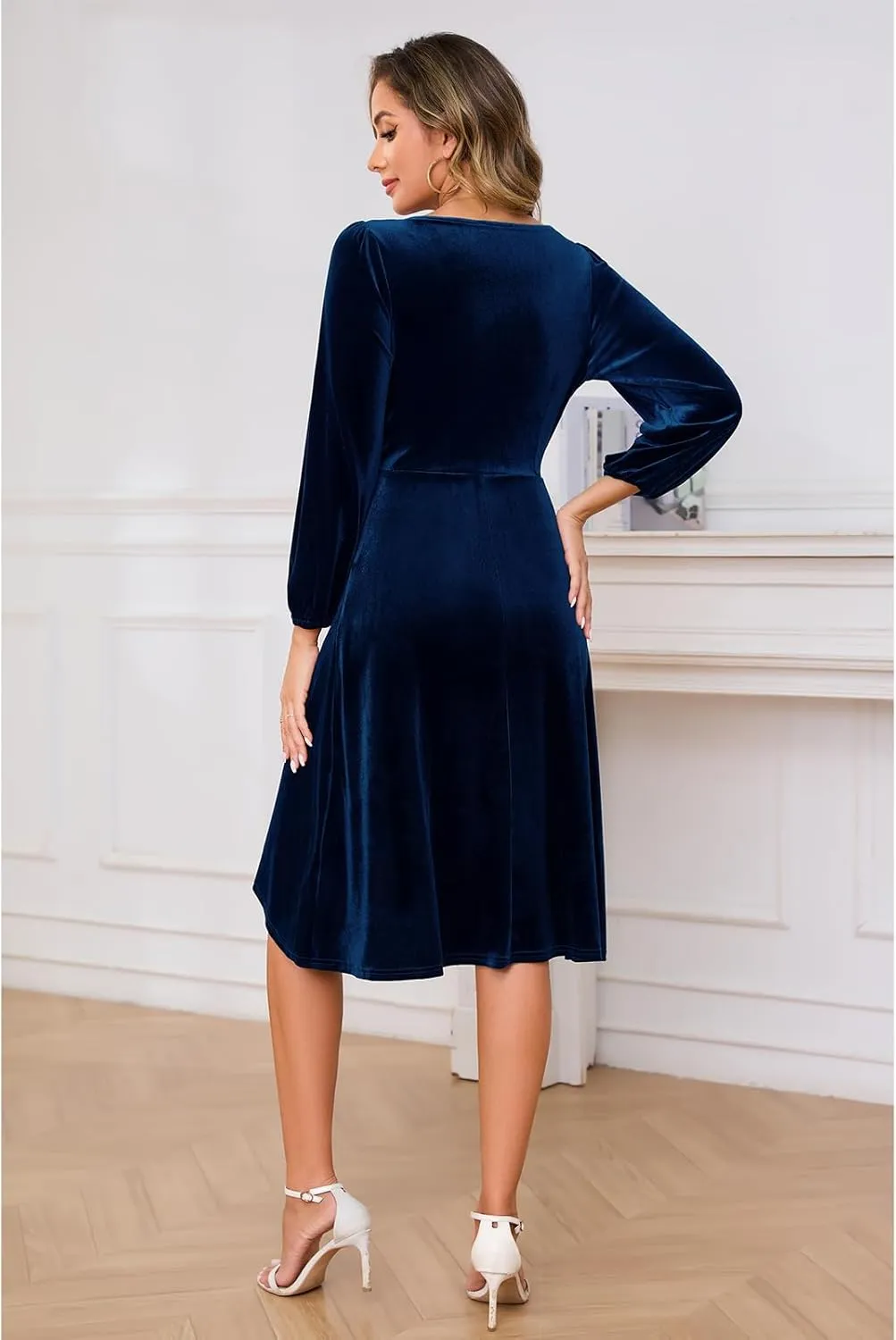 Meetjen Women's V Neck Velvet Formal Long Sleeve Dresses Flowy Fall High Low Elegant 2024 Midi Winter Cocktail Party Dress