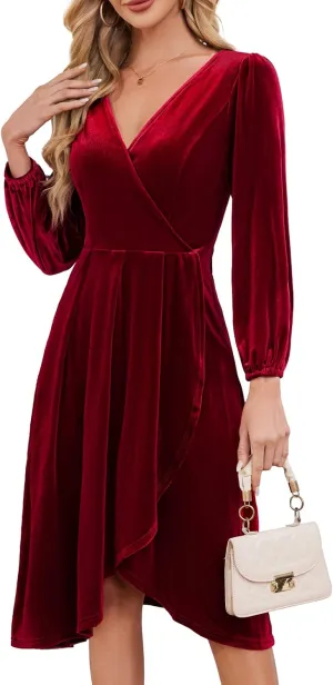 Meetjen Women's V Neck Velvet Formal Long Sleeve Dresses Flowy Fall High Low Elegant 2024 Midi Winter Cocktail Party Dress