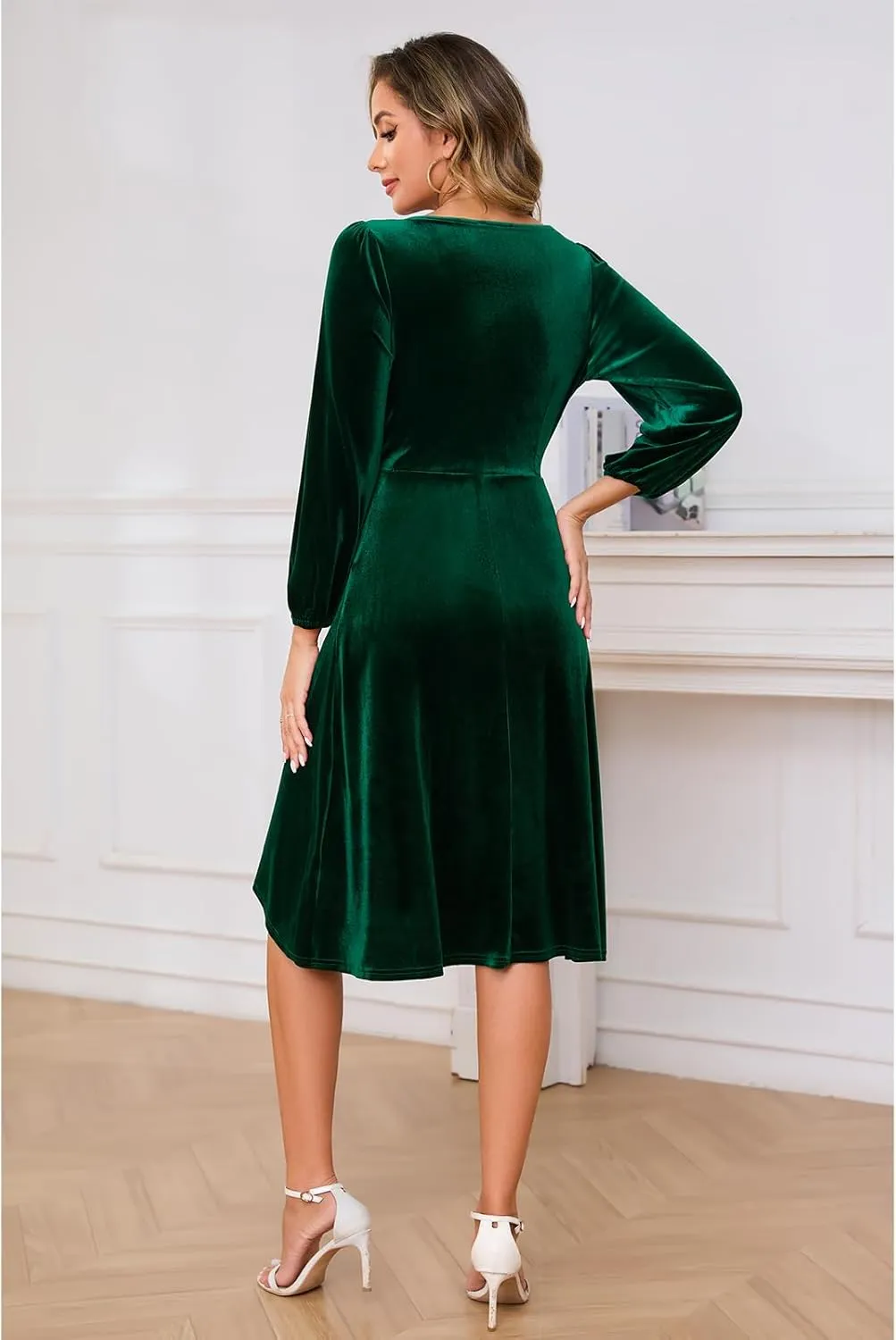Meetjen Women's V Neck Velvet Formal Long Sleeve Dresses Flowy Fall High Low Elegant 2024 Midi Winter Cocktail Party Dress
