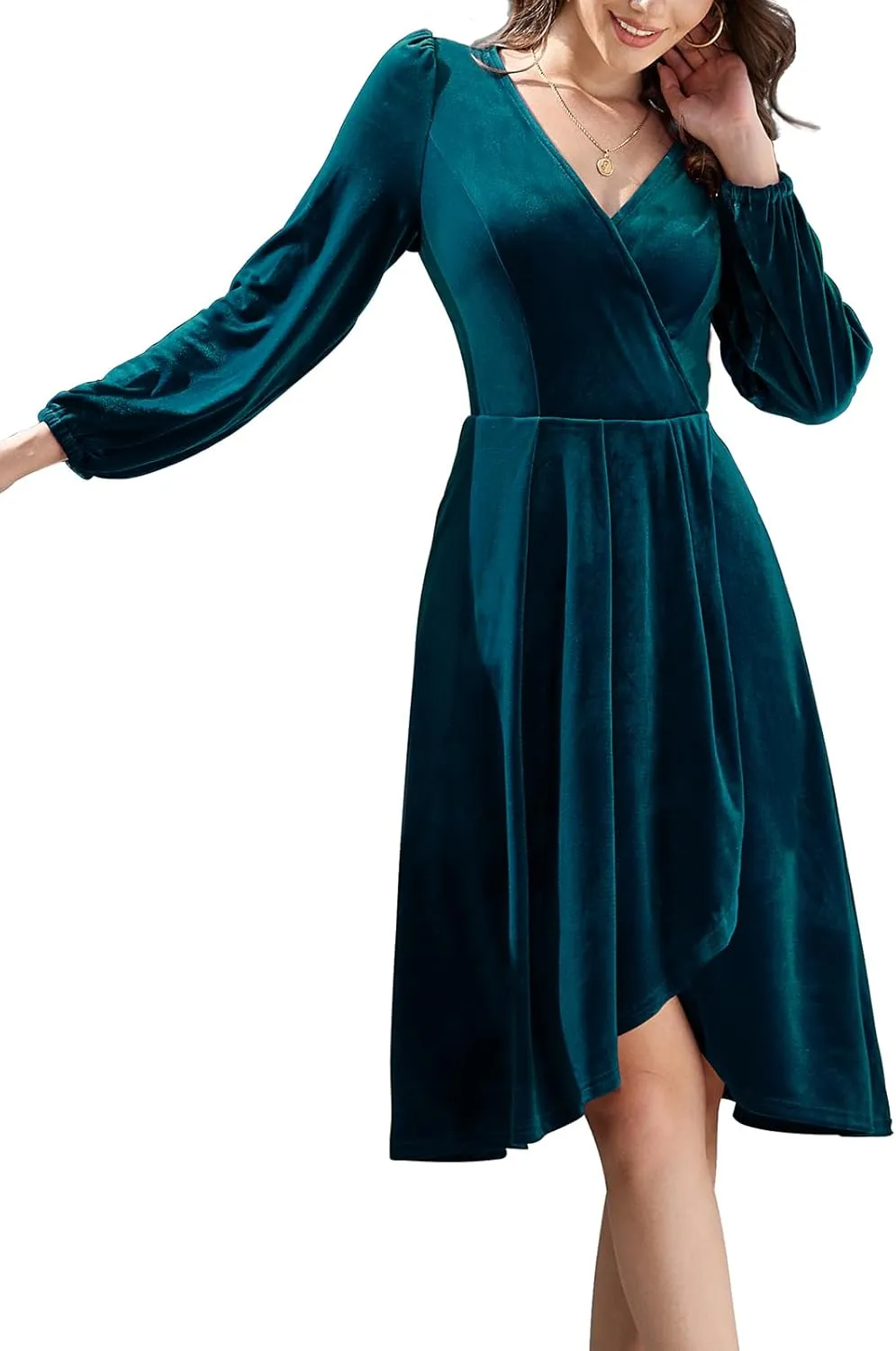 Meetjen Women's V Neck Velvet Formal Long Sleeve Dresses Flowy Fall High Low Elegant 2024 Midi Winter Cocktail Party Dress