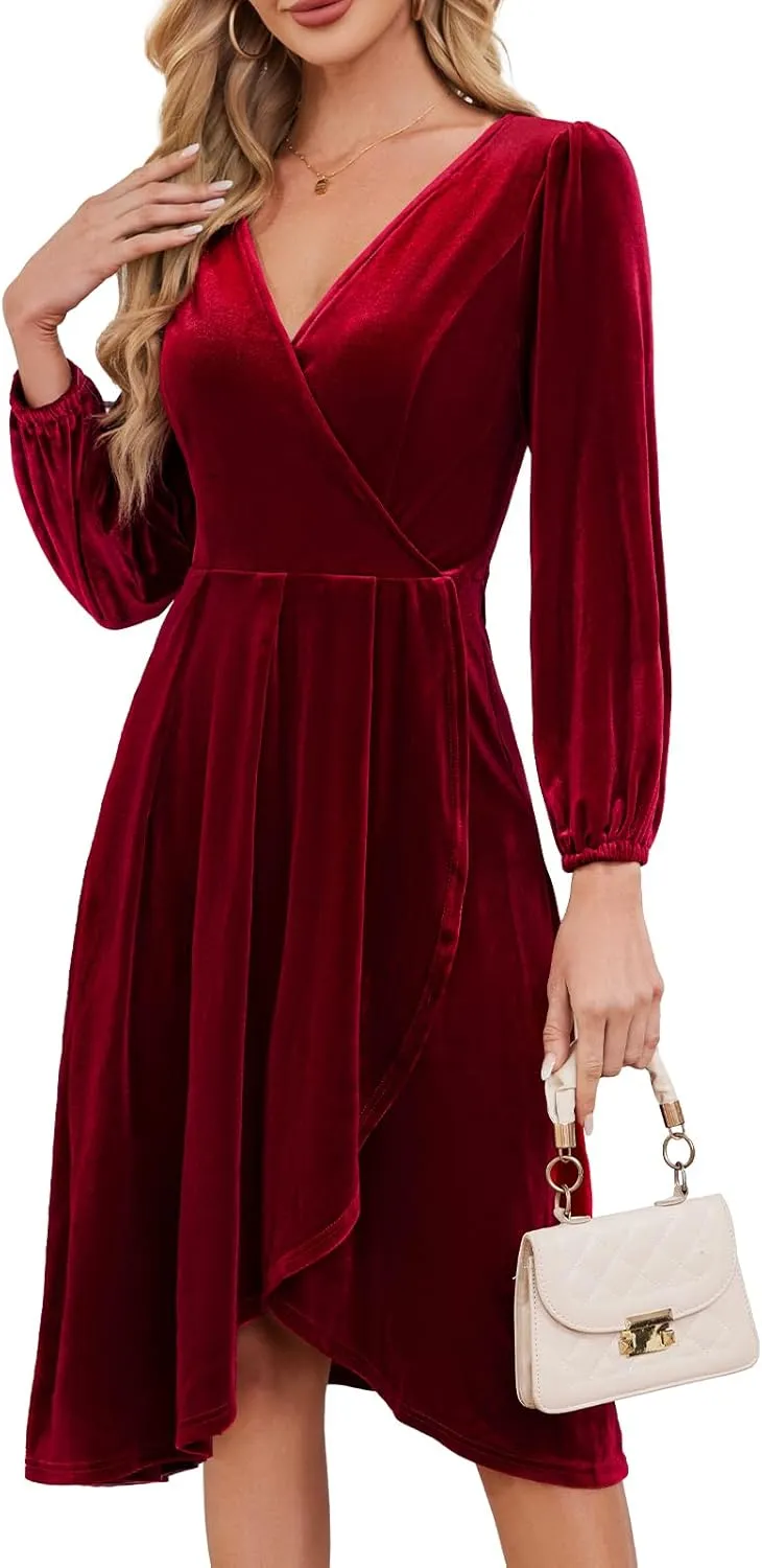 Meetjen Women's V Neck Velvet Formal Long Sleeve Dresses Flowy Fall High Low Elegant 2024 Midi Winter Cocktail Party Dress