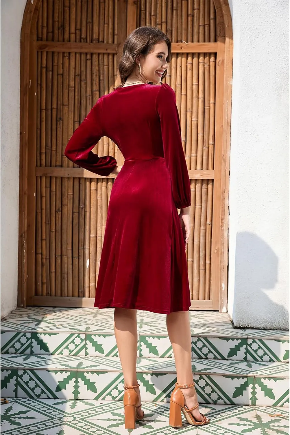 Meetjen Women's V Neck Velvet Formal Long Sleeve Dresses Flowy Fall High Low Elegant 2024 Midi Winter Cocktail Party Dress