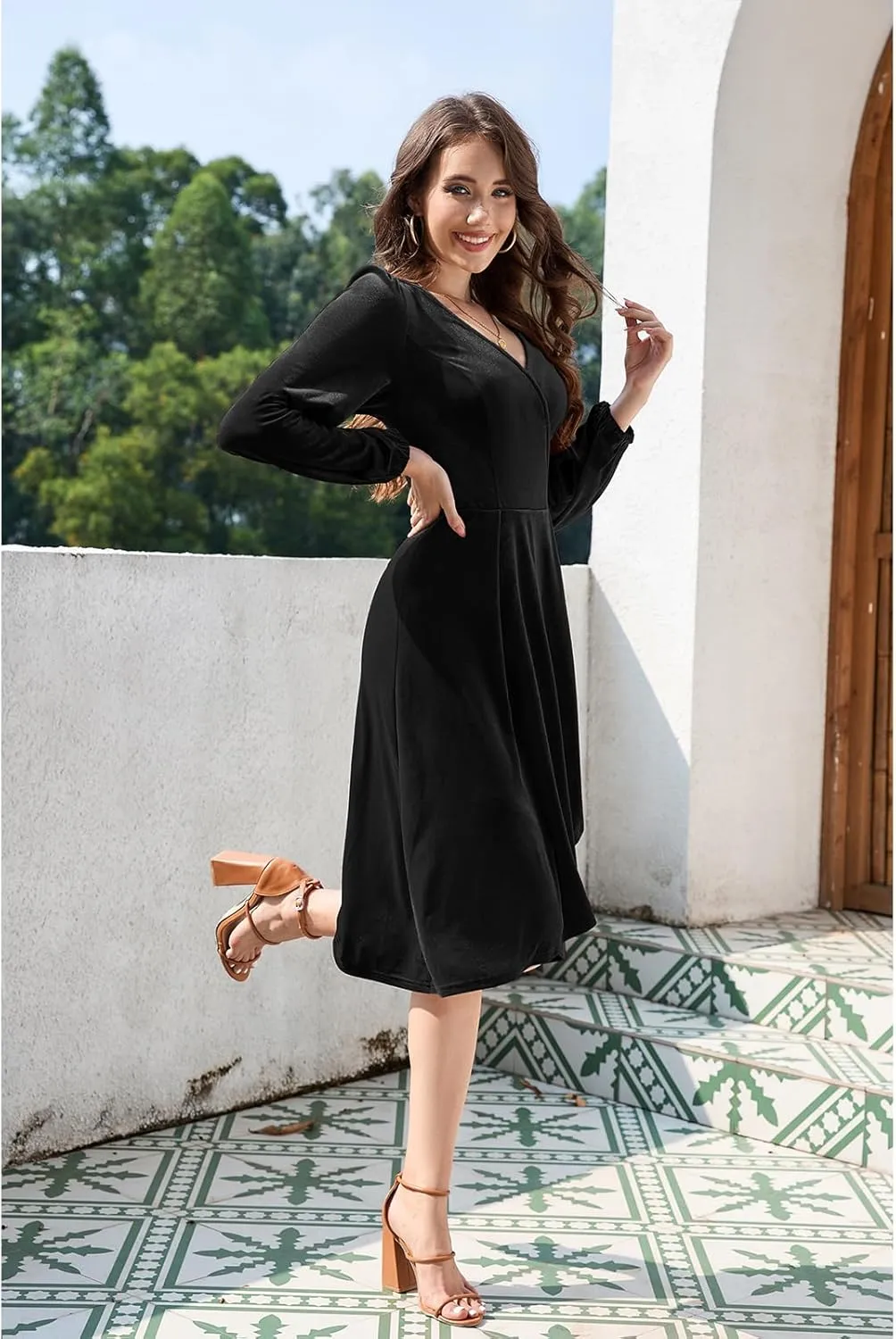 Meetjen Women's V Neck Velvet Formal Long Sleeve Dresses Flowy Fall High Low Elegant 2024 Midi Winter Cocktail Party Dress