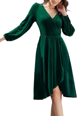 Meetjen Women's V Neck Velvet Formal Long Sleeve Dresses Flowy Fall High Low Elegant 2024 Midi Winter Cocktail Party Dress