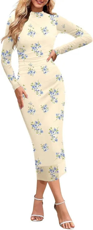 MEROKEETY Women's 2024 Long Sleeve Tie Dye Dress Bodycon Mock Neck Mesh Ruched Cocktail Maxi Dresses