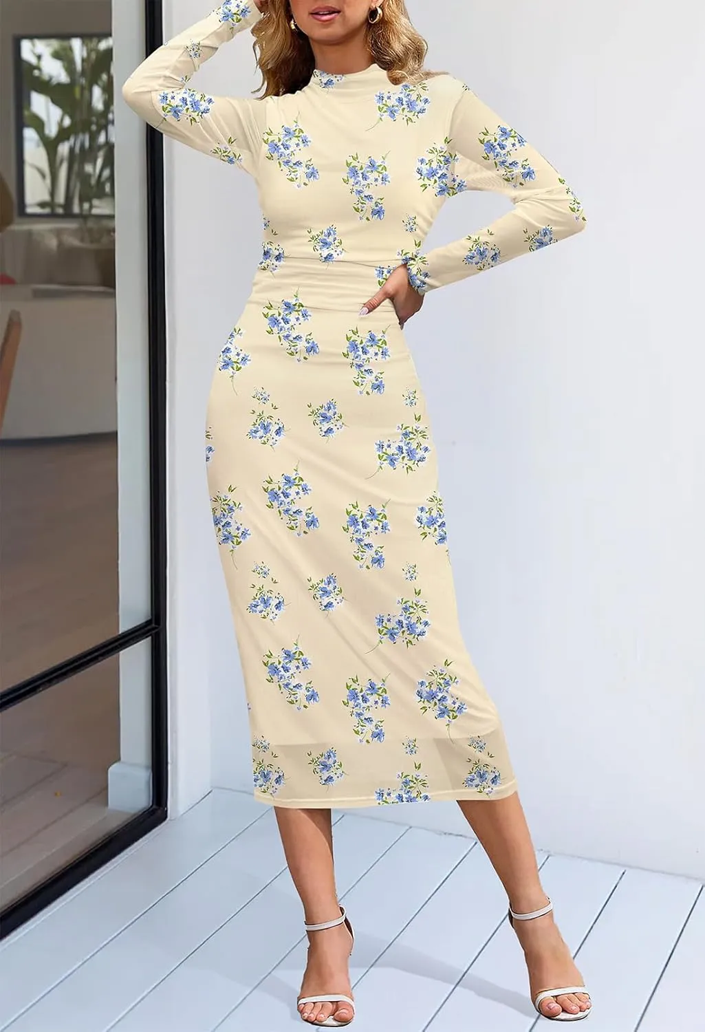 MEROKEETY Women's 2024 Long Sleeve Tie Dye Dress Bodycon Mock Neck Mesh Ruched Cocktail Maxi Dresses