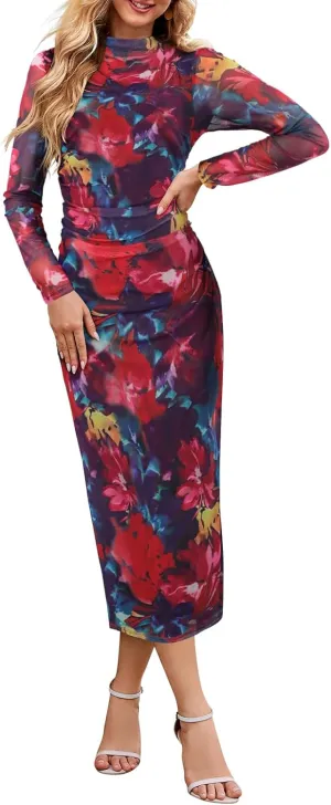 MEROKEETY Women's 2024 Long Sleeve Tie Dye Dress Bodycon Mock Neck Mesh Ruched Cocktail Maxi Dresses