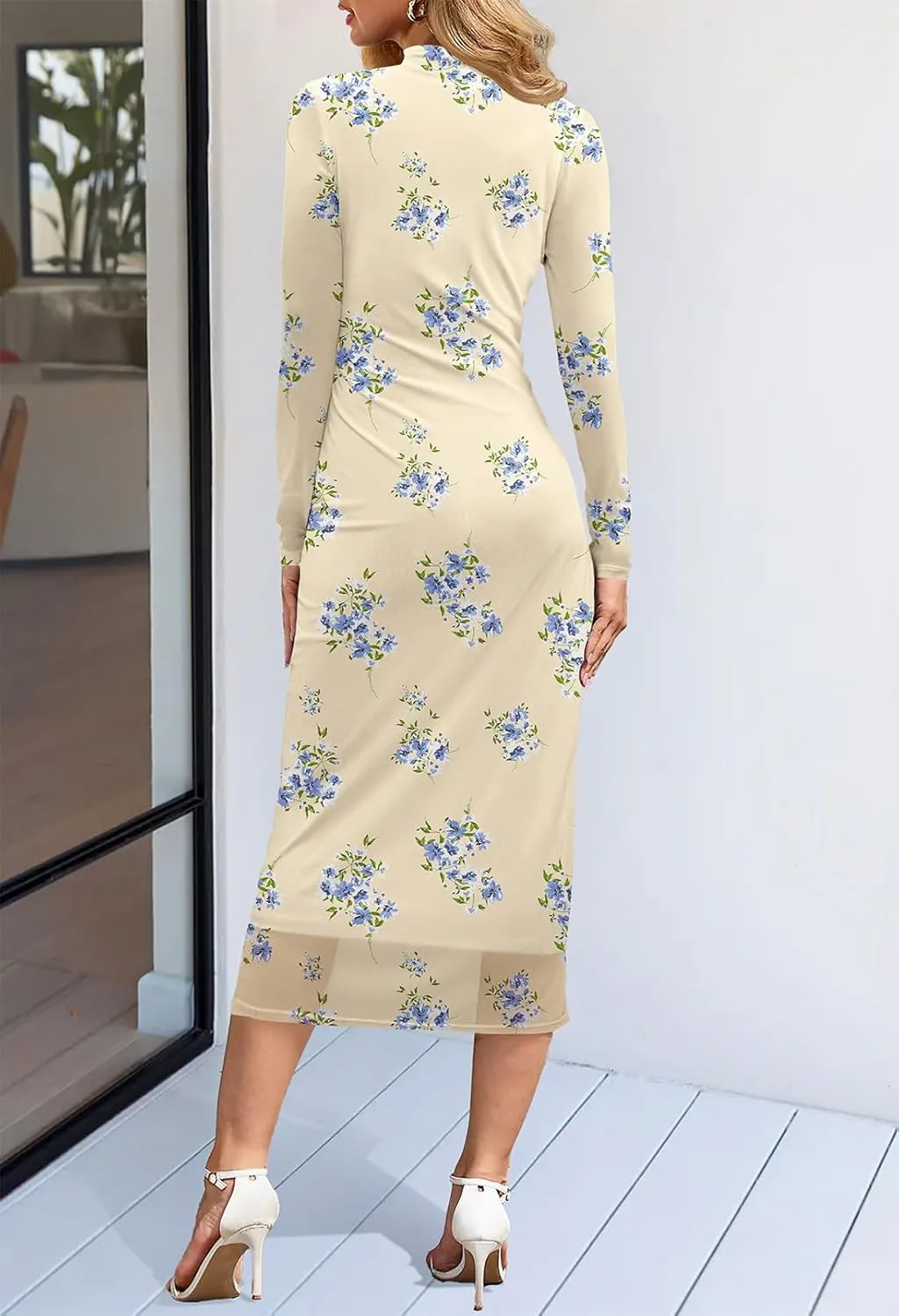 MEROKEETY Women's 2024 Long Sleeve Tie Dye Dress Bodycon Mock Neck Mesh Ruched Cocktail Maxi Dresses