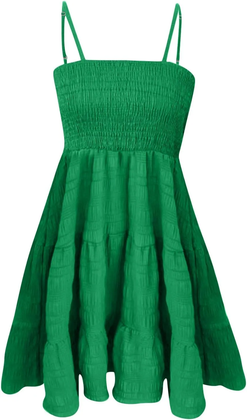 Mini Sundresses for Women Smocked Square Neck Spaghetti Strap Skater Dress Summer Loose Comfy Tiered Ruffle Dress