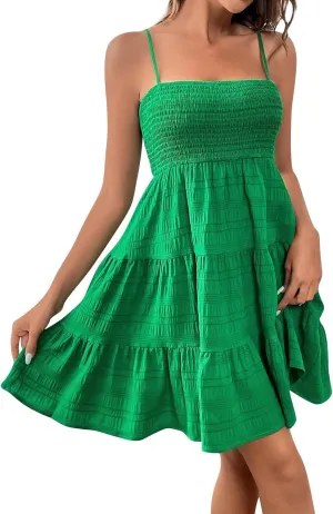 Mini Sundresses for Women Smocked Square Neck Spaghetti Strap Skater Dress Summer Loose Comfy Tiered Ruffle Dress