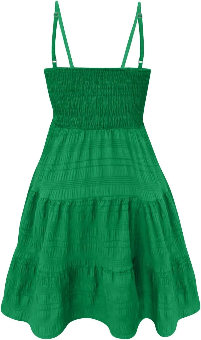 Mini Sundresses for Women Smocked Square Neck Spaghetti Strap Skater Dress Summer Loose Comfy Tiered Ruffle Dress