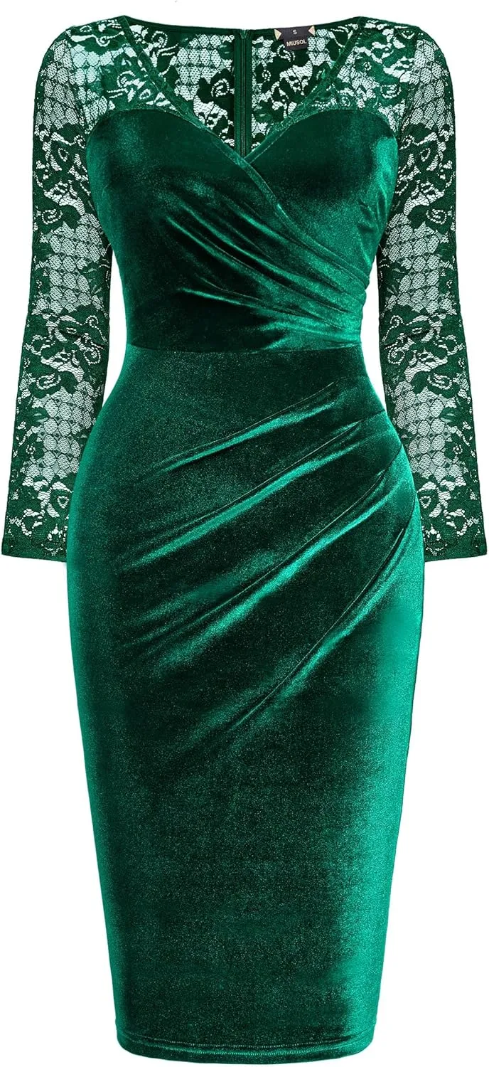 Miusol Women's Sexy Lace Long Sleeve Velvet Ruched Style Cocktail Party Dress