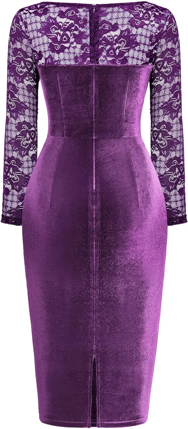 Miusol Women's Sexy Lace Long Sleeve Velvet Ruched Style Cocktail Party Dress