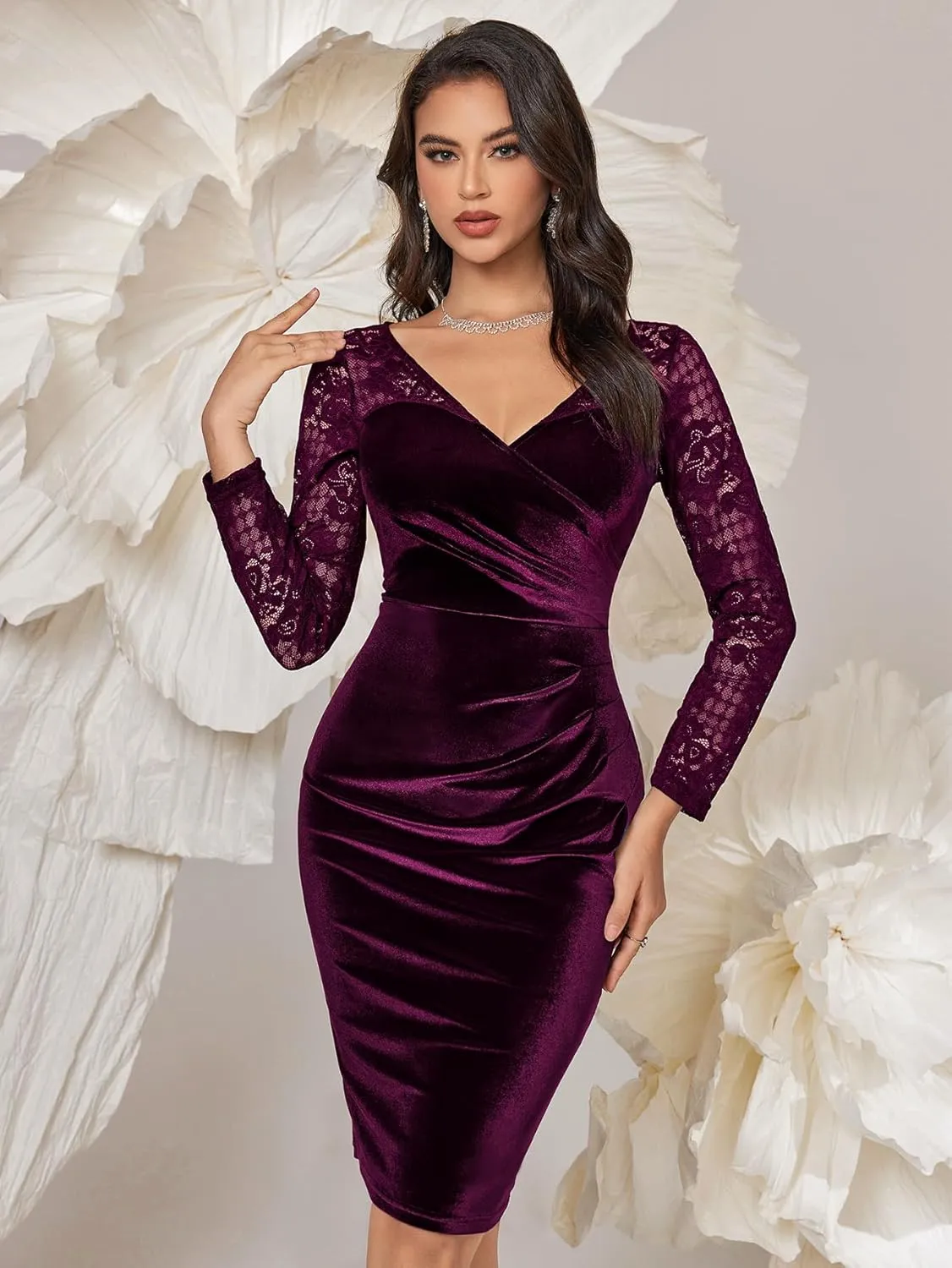 Miusol Women's Sexy Lace Long Sleeve Velvet Ruched Style Cocktail Party Dress