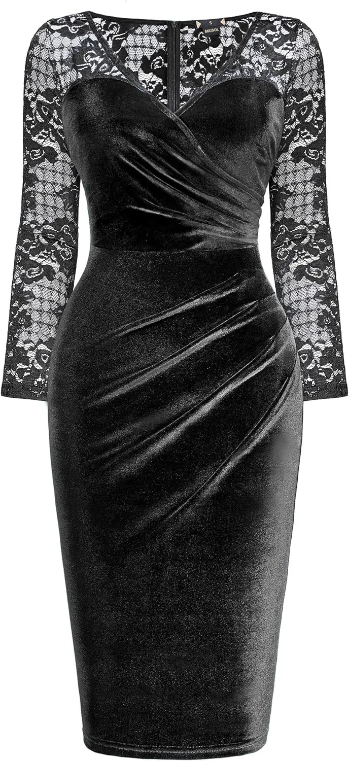 Miusol Women's Sexy Lace Long Sleeve Velvet Ruched Style Cocktail Party Dress