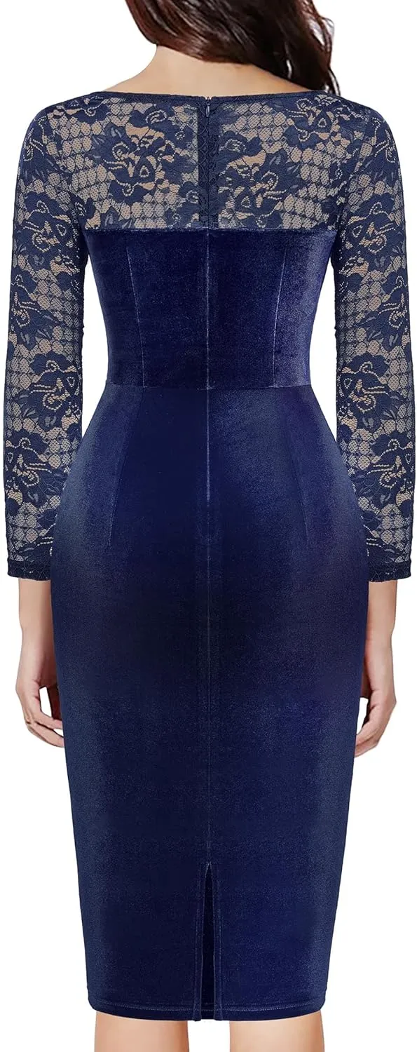 Miusol Women's Sexy Lace Long Sleeve Velvet Ruched Style Cocktail Party Dress