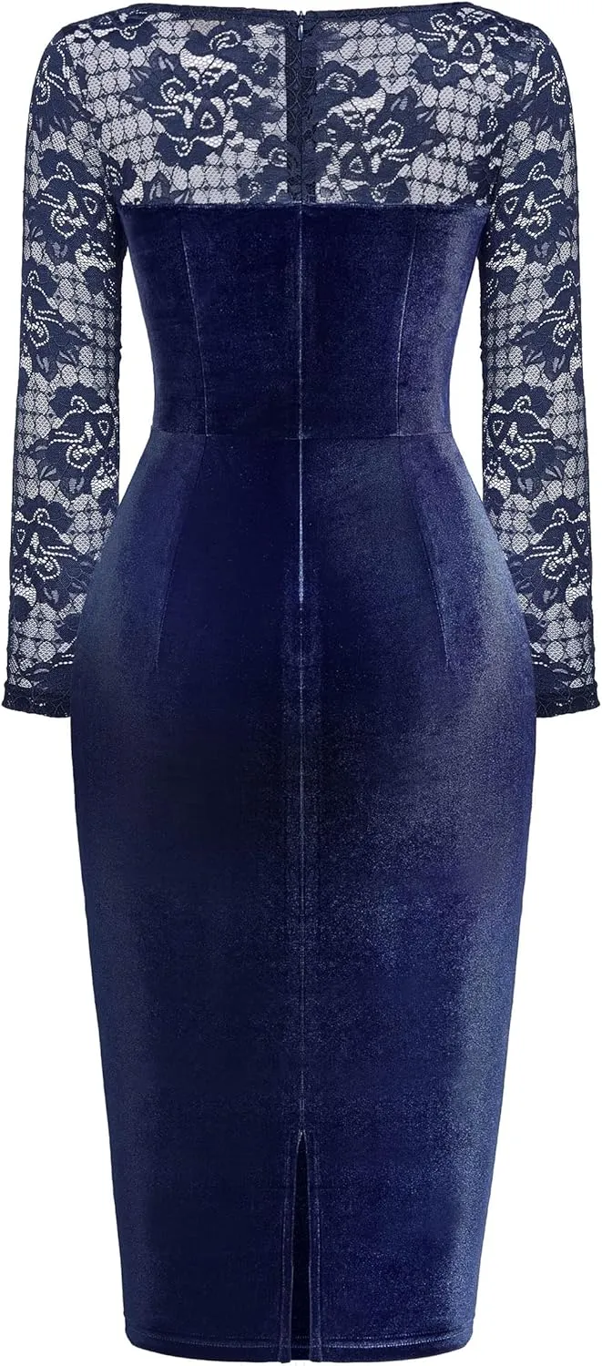Miusol Women's Sexy Lace Long Sleeve Velvet Ruched Style Cocktail Party Dress