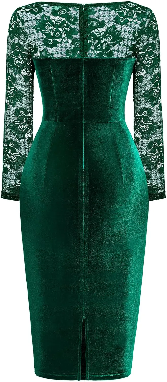 Miusol Women's Sexy Lace Long Sleeve Velvet Ruched Style Cocktail Party Dress