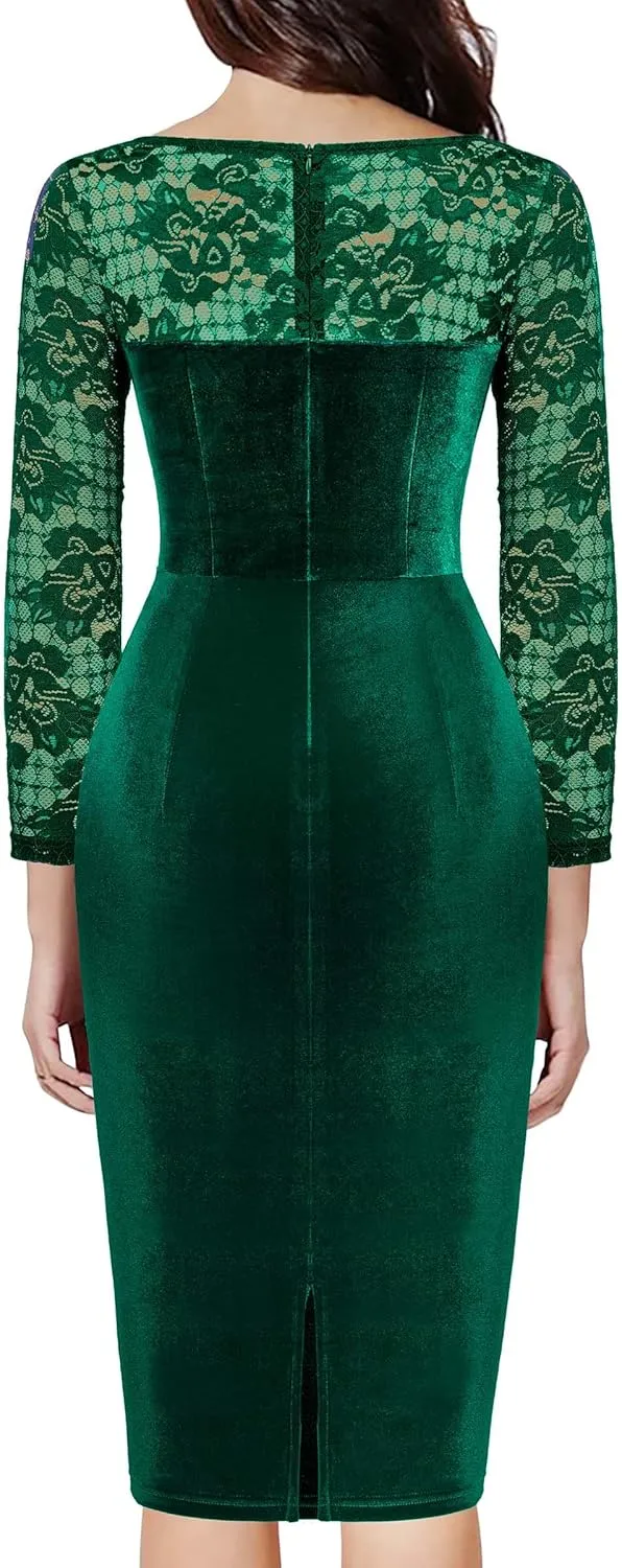 Miusol Women's Sexy Lace Long Sleeve Velvet Ruched Style Cocktail Party Dress