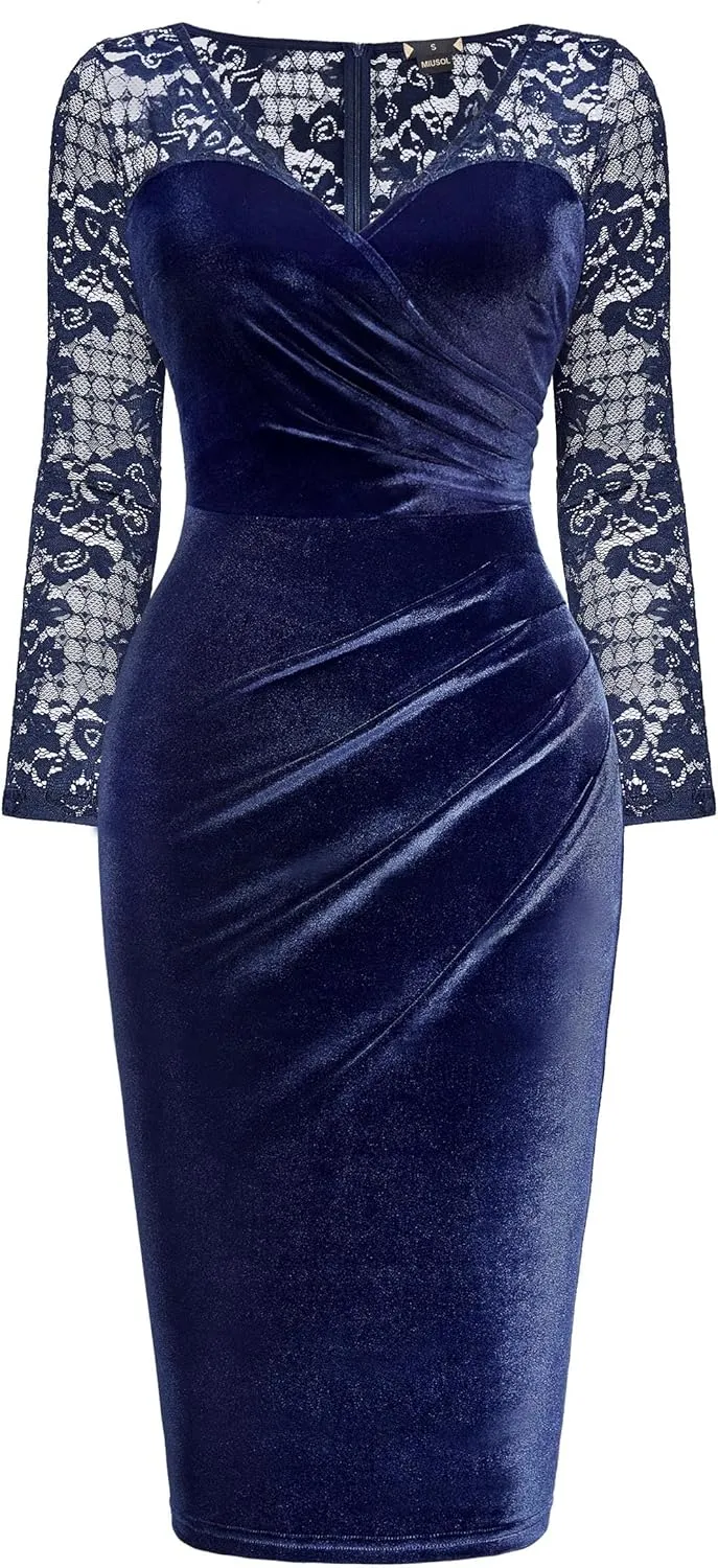 Miusol Women's Sexy Lace Long Sleeve Velvet Ruched Style Cocktail Party Dress