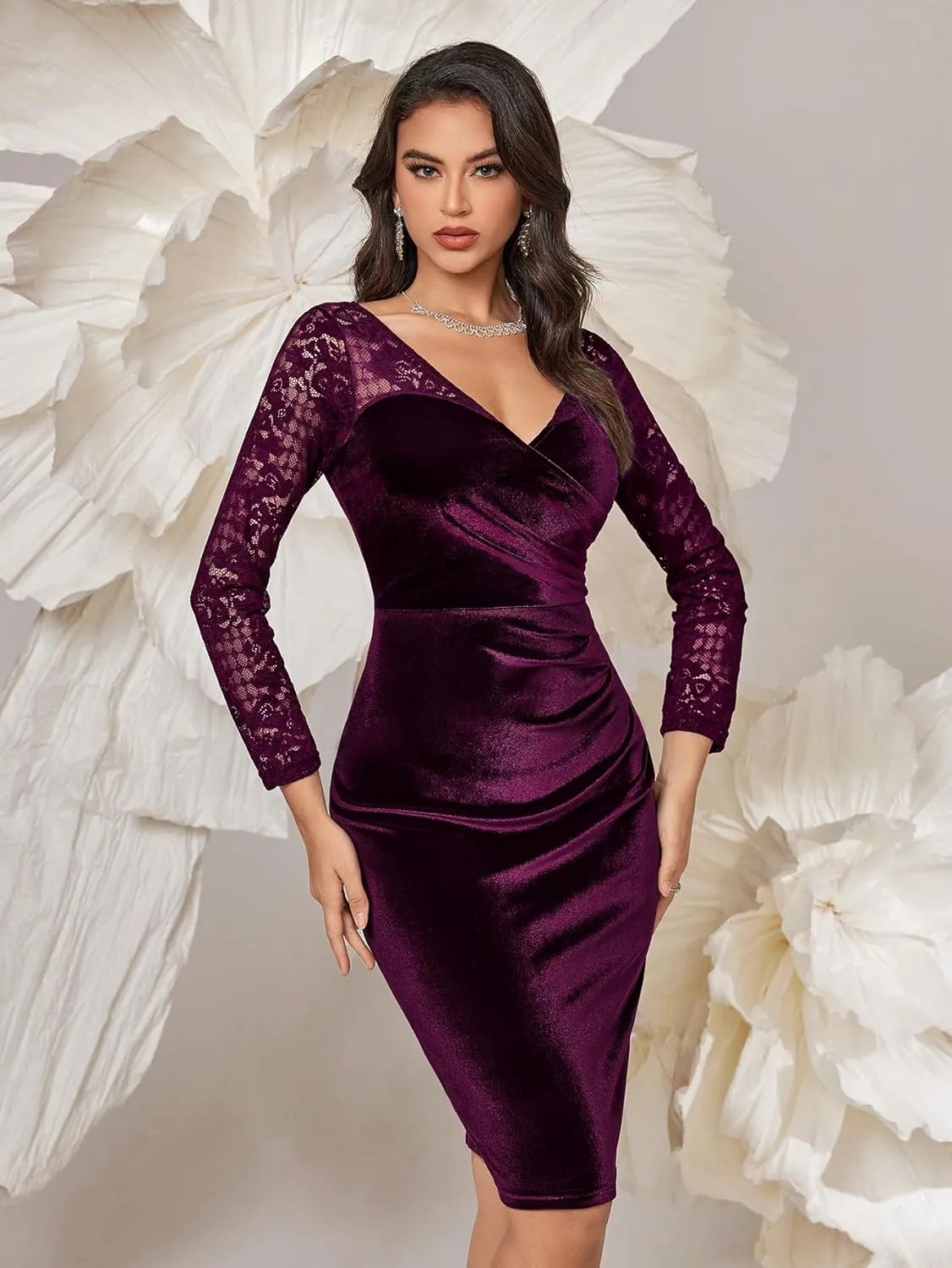 Miusol Women's Sexy Lace Long Sleeve Velvet Ruched Style Cocktail Party Dress