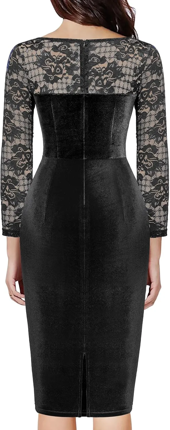 Miusol Women's Sexy Lace Long Sleeve Velvet Ruched Style Cocktail Party Dress