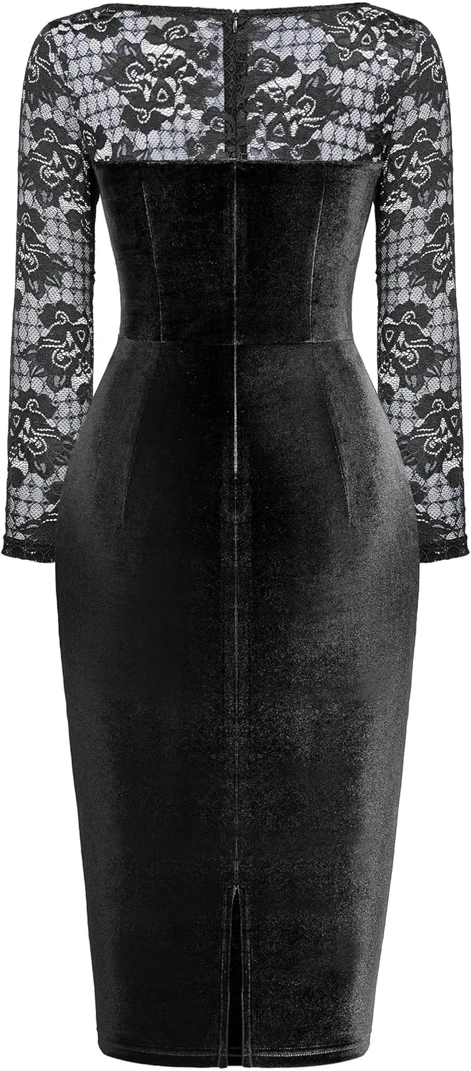 Miusol Women's Sexy Lace Long Sleeve Velvet Ruched Style Cocktail Party Dress