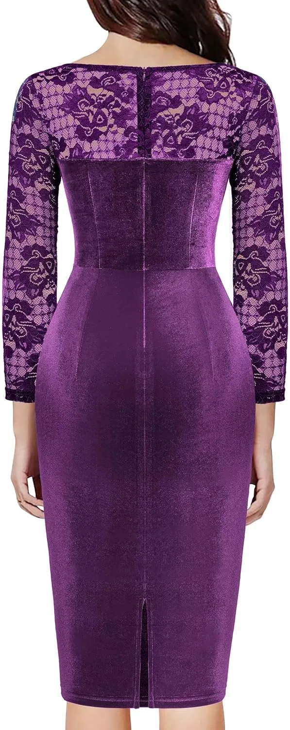 Miusol Women's Sexy Lace Long Sleeve Velvet Ruched Style Cocktail Party Dress