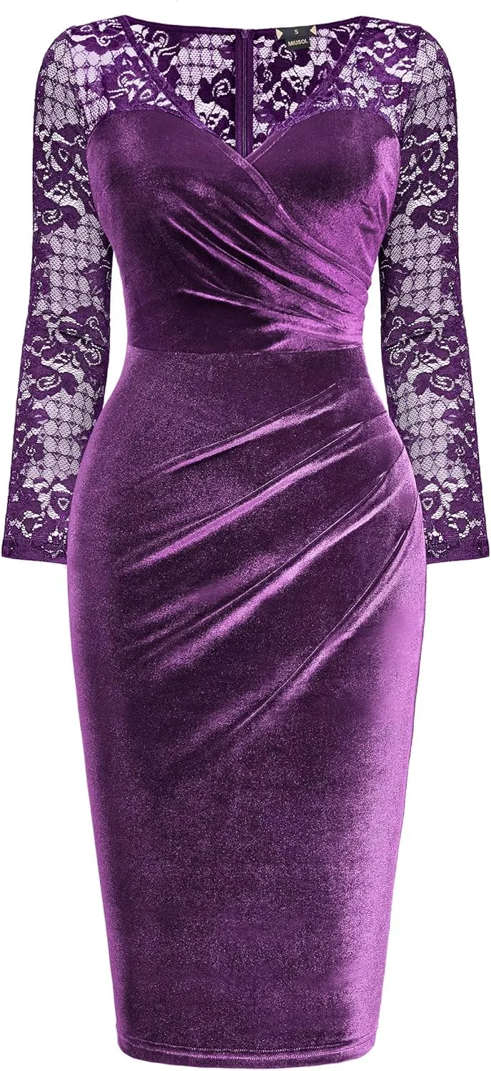 Miusol Women's Sexy Lace Long Sleeve Velvet Ruched Style Cocktail Party Dress