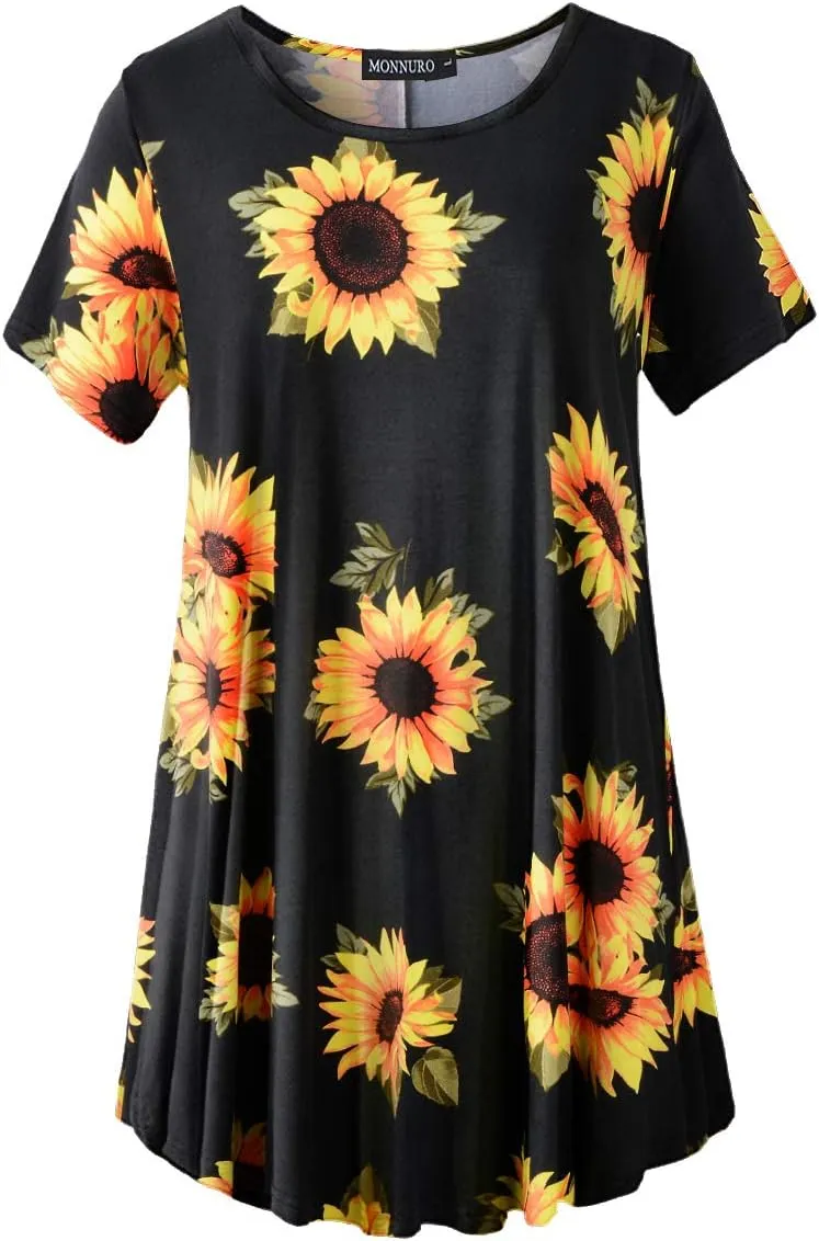 MONNURO Womens Short Sleeve Casual Loose Fit Flare Swing Tunic Tops Basic T-Shirt Plus Size