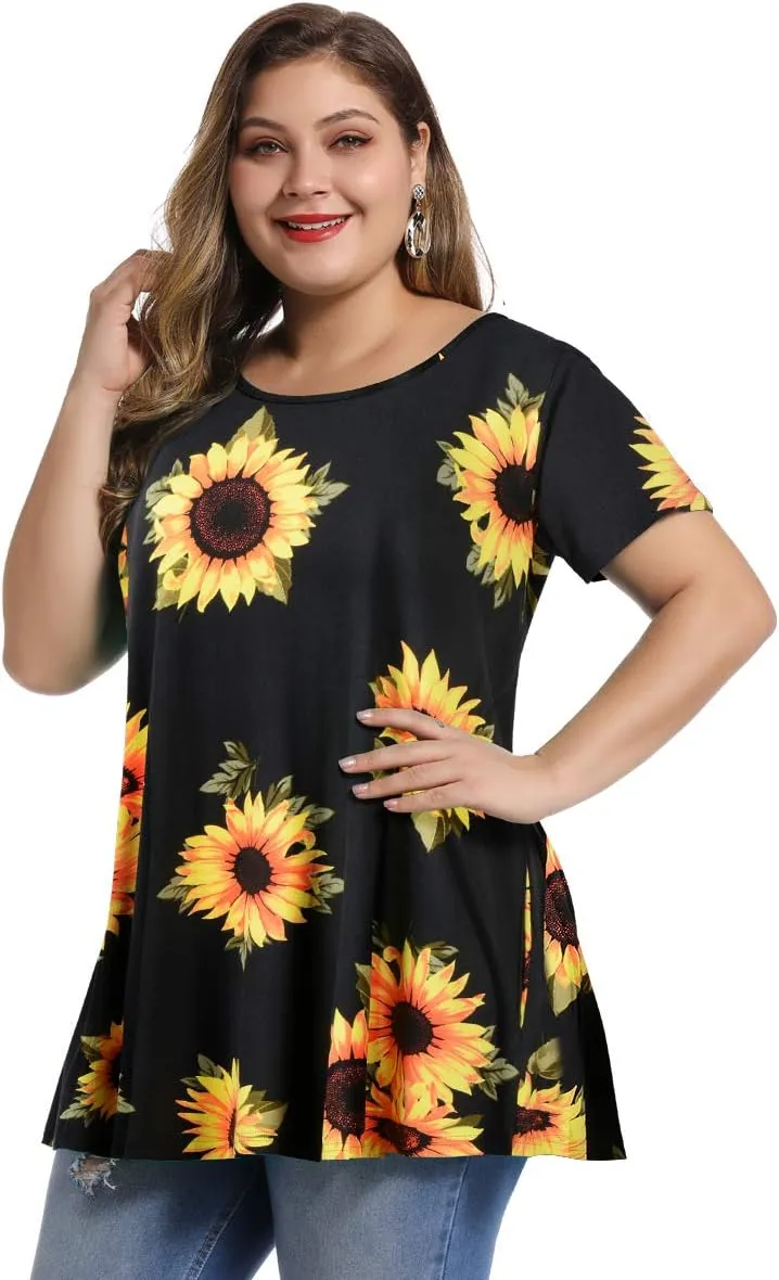 MONNURO Womens Short Sleeve Casual Loose Fit Flare Swing Tunic Tops Basic T-Shirt Plus Size