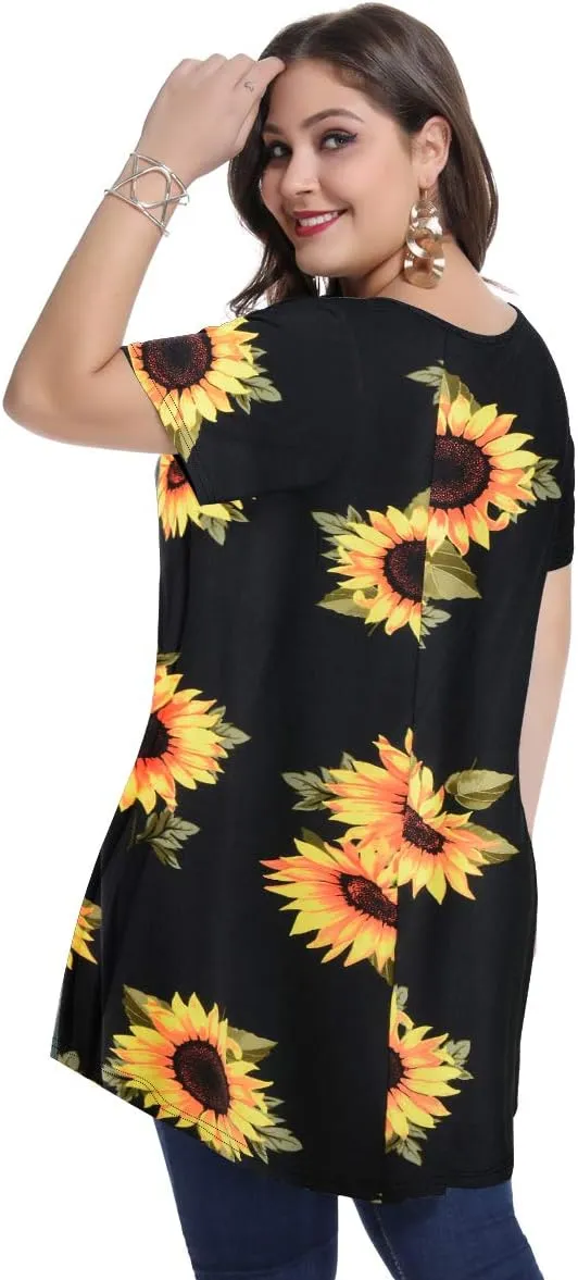 MONNURO Womens Short Sleeve Casual Loose Fit Flare Swing Tunic Tops Basic T-Shirt Plus Size
