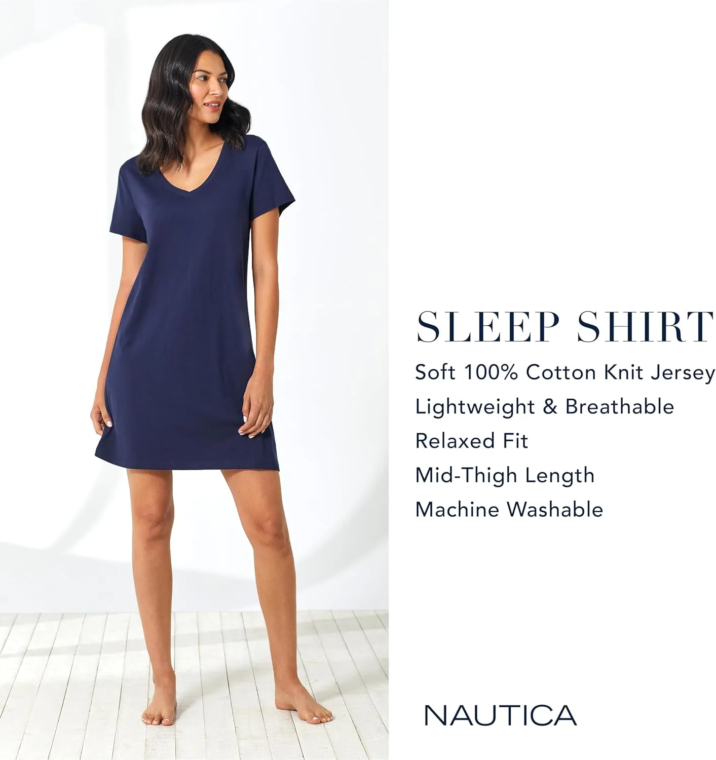 Nautica Womens Sleep Shirt Dress - Cotton Knit Jersey V-Neck Pajama Top - Lightweight & Breathable Sleepwear Loungewear