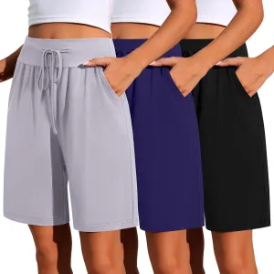 Neer 3 Pack Cotton Bermuda Shorts for Women Wide Leg High Waisted Drawstring Gym Shorts with Pocket