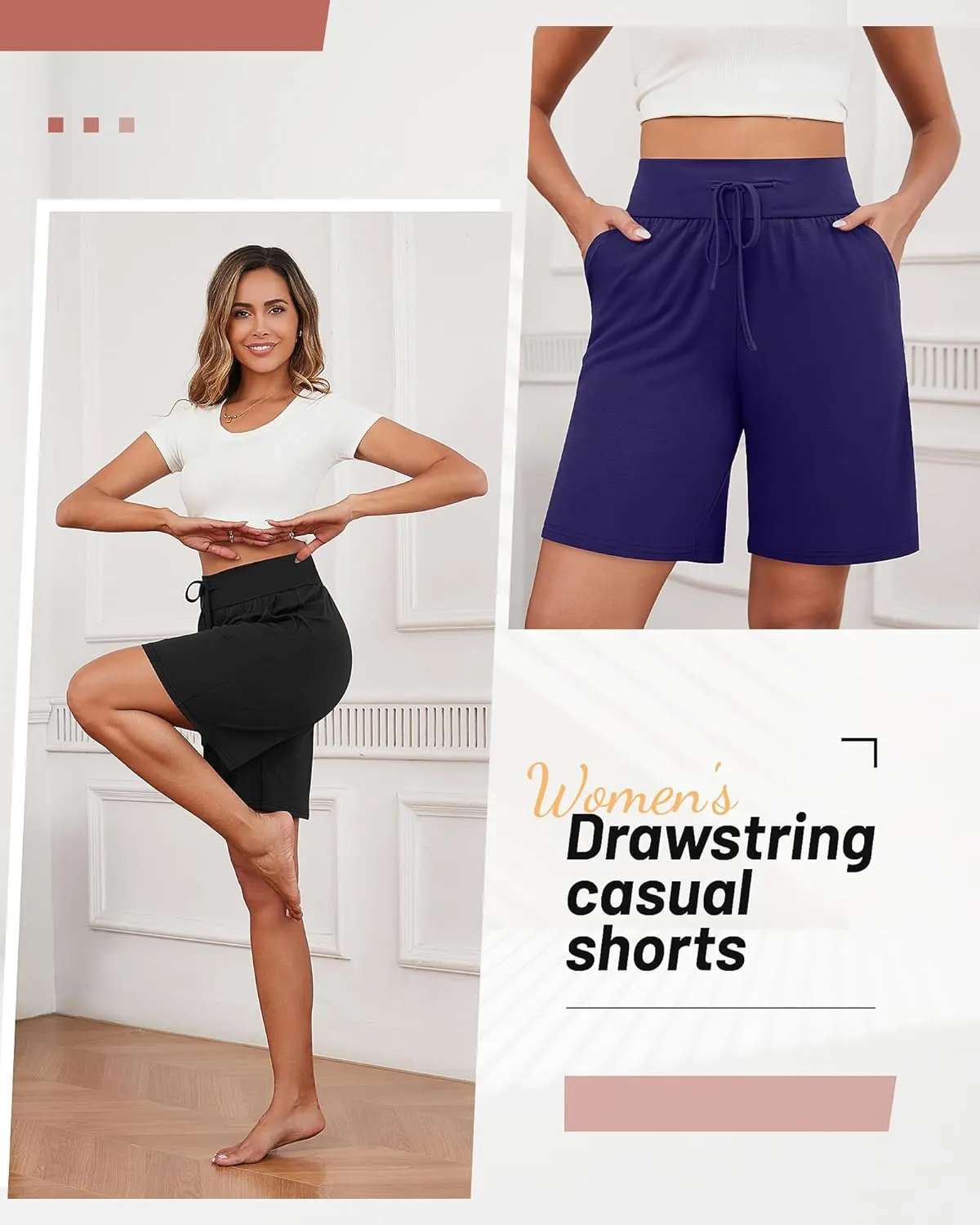Neer 3 Pack Cotton Bermuda Shorts for Women Wide Leg High Waisted Drawstring Gym Shorts with Pocket