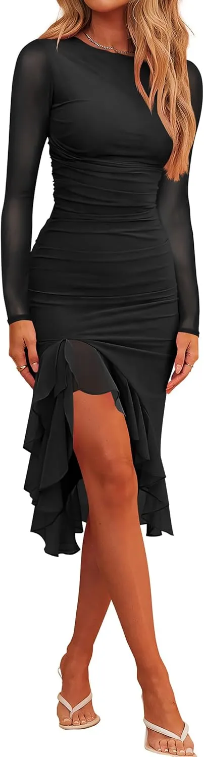 Nova In Sky Women's Sexy Ruched Bodycon Midi Dress Mesh Long Sleeve Ruffle Hem Formal Wedding Guest Cocktail Party Dress