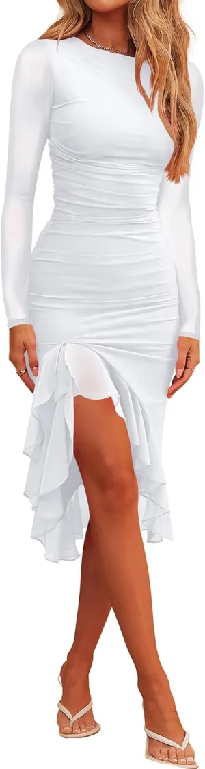 Nova In Sky Women's Sexy Ruched Bodycon Midi Dress Mesh Long Sleeve Ruffle Hem Formal Wedding Guest Cocktail Party Dress