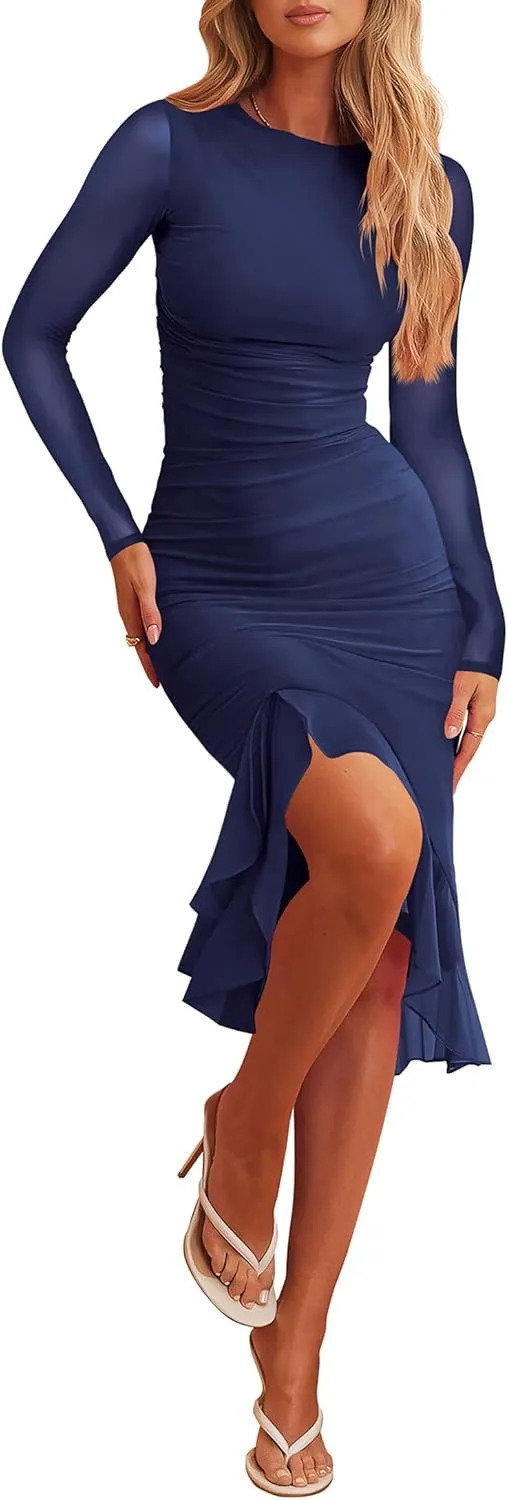 Nova In Sky Women's Sexy Ruched Bodycon Midi Dress Mesh Long Sleeve Ruffle Hem Formal Wedding Guest Cocktail Party Dress