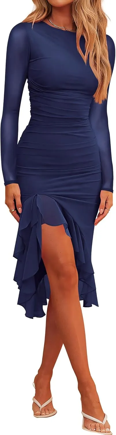Nova In Sky Women's Sexy Ruched Bodycon Midi Dress Mesh Long Sleeve Ruffle Hem Formal Wedding Guest Cocktail Party Dress