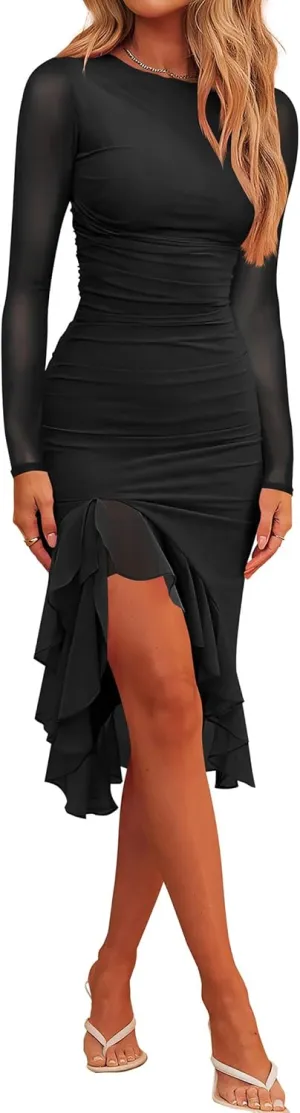 Nova In Sky Women's Sexy Ruched Bodycon Midi Dress Mesh Long Sleeve Ruffle Hem Formal Wedding Guest Cocktail Party Dress