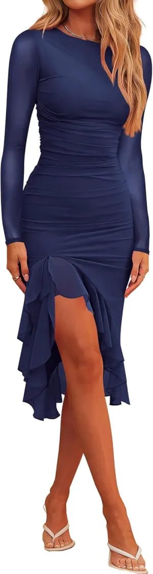 Nova In Sky Women's Sexy Ruched Bodycon Midi Dress Mesh Long Sleeve Ruffle Hem Formal Wedding Guest Cocktail Party Dress