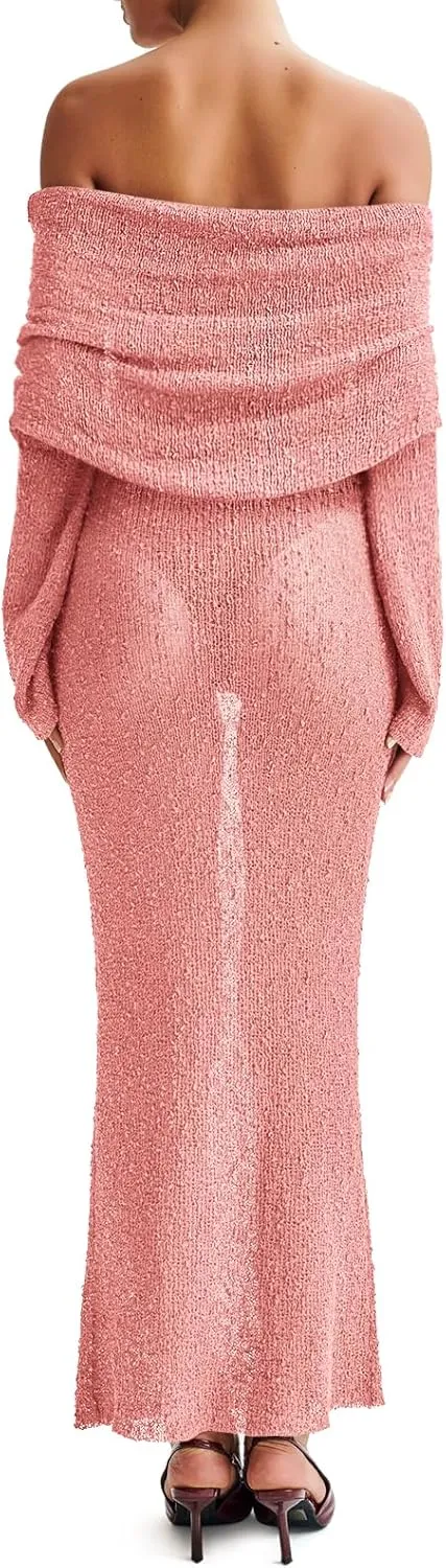 Off The Shoulder Maxi Dress Long Sleeve Beach Crochet Cover Up Summer Sexy Maxi Dresses S-2XL