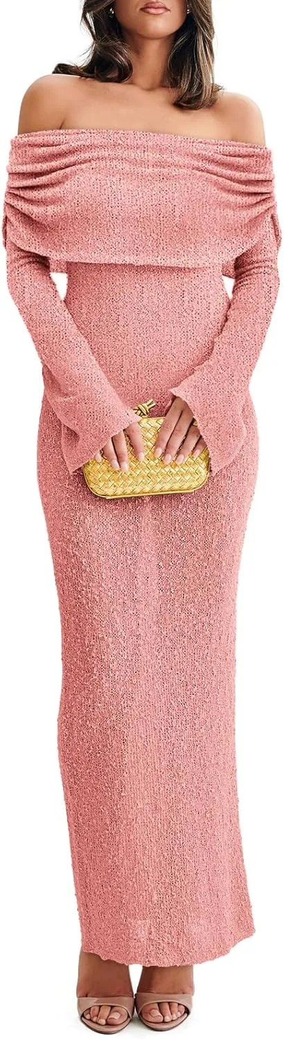 Off The Shoulder Maxi Dress Long Sleeve Beach Crochet Cover Up Summer Sexy Maxi Dresses S-2XL