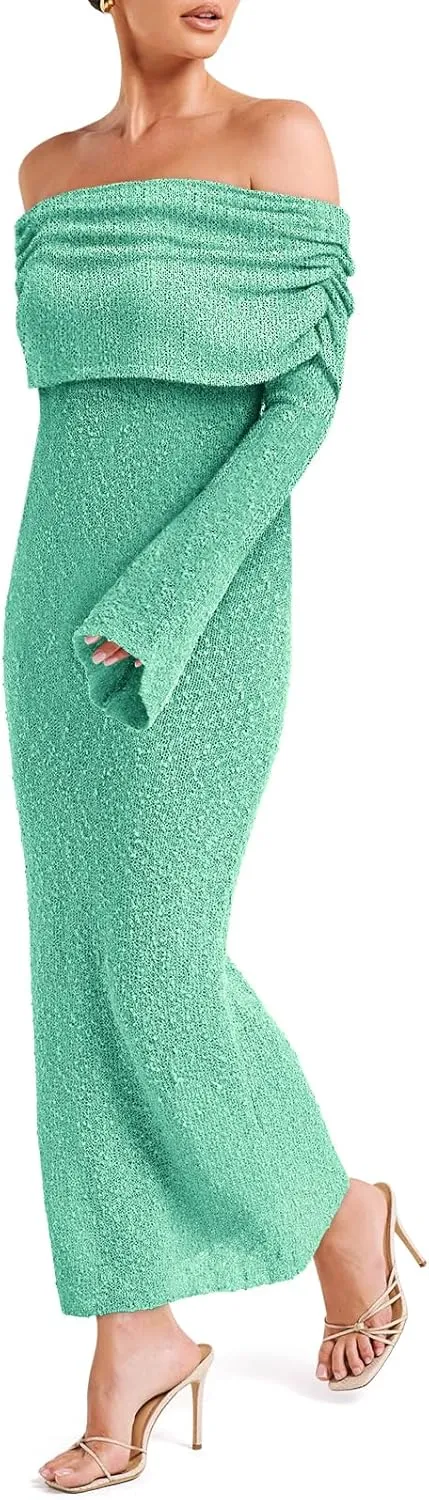 Off The Shoulder Maxi Dress Long Sleeve Beach Crochet Cover Up Summer Sexy Maxi Dresses S-2XL
