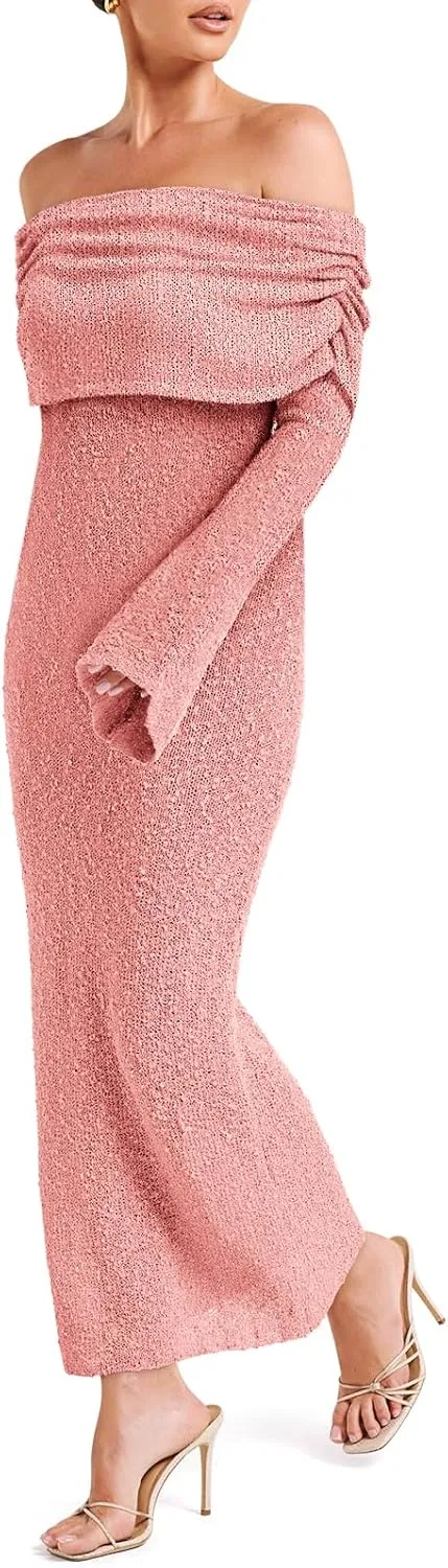 Off The Shoulder Maxi Dress Long Sleeve Beach Crochet Cover Up Summer Sexy Maxi Dresses S-2XL