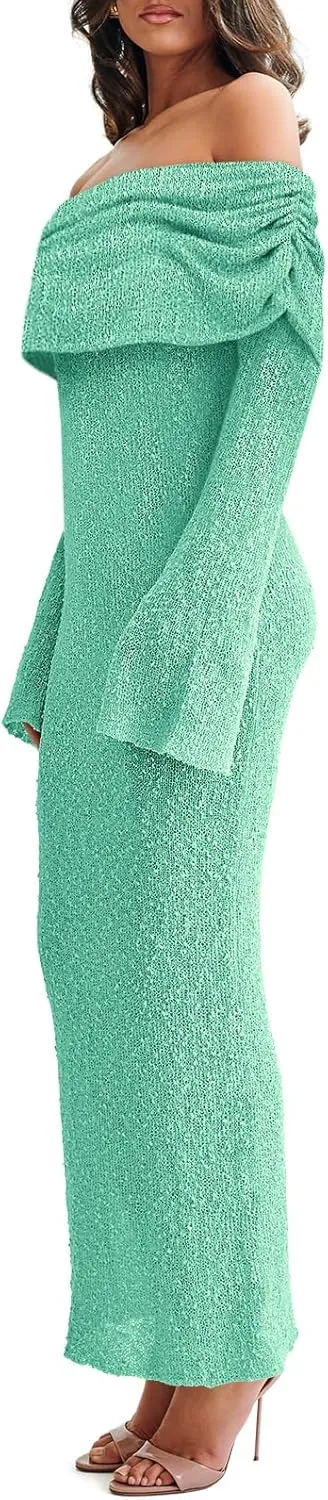 Off The Shoulder Maxi Dress Long Sleeve Beach Crochet Cover Up Summer Sexy Maxi Dresses S-2XL