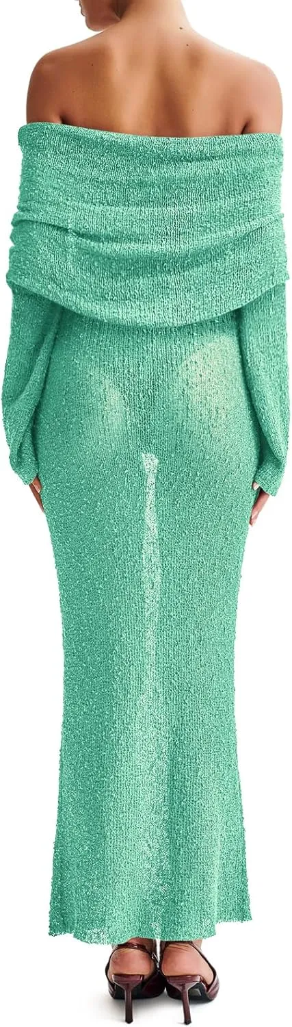Off The Shoulder Maxi Dress Long Sleeve Beach Crochet Cover Up Summer Sexy Maxi Dresses S-2XL