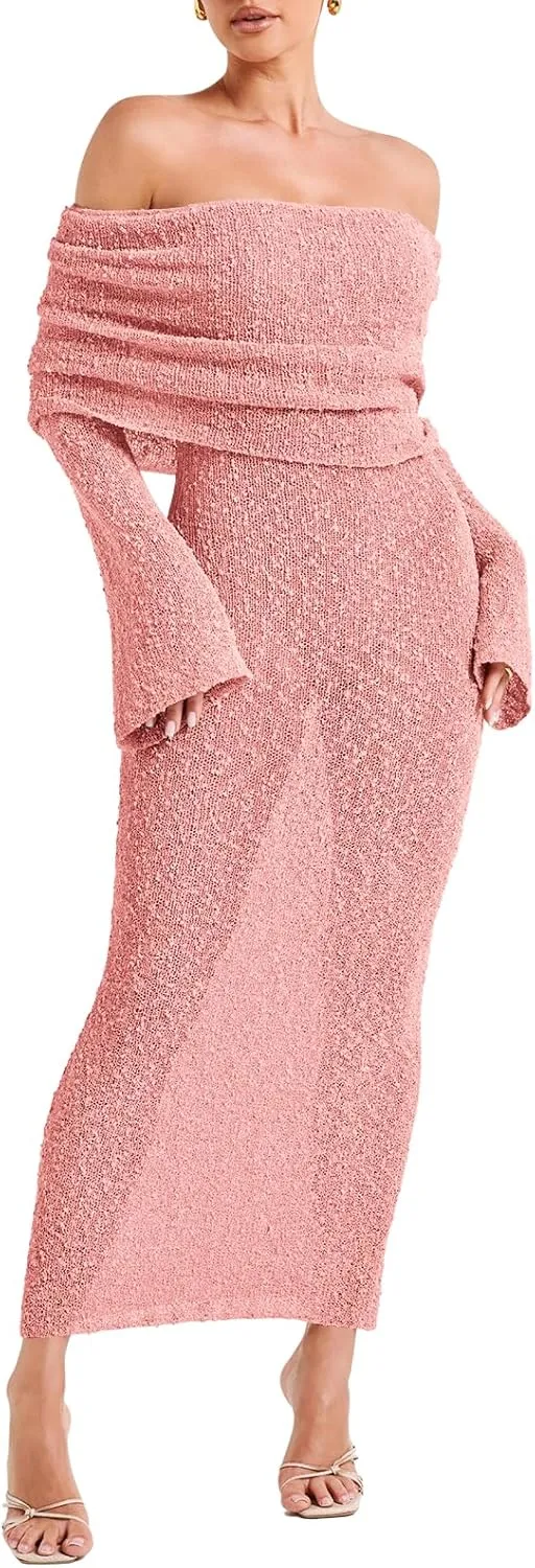 Off The Shoulder Maxi Dress Long Sleeve Beach Crochet Cover Up Summer Sexy Maxi Dresses S-2XL