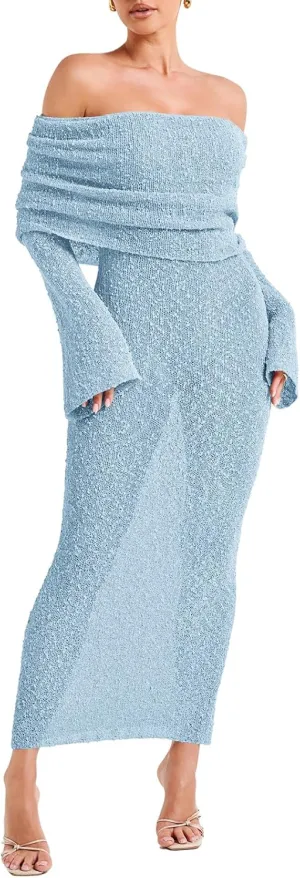 Off The Shoulder Maxi Dress Long Sleeve Beach Crochet Cover Up Summer Sexy Maxi Dresses S-2XL