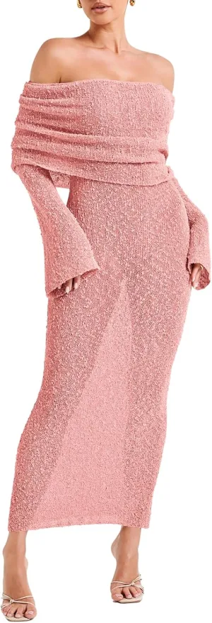 Off The Shoulder Maxi Dress Long Sleeve Beach Crochet Cover Up Summer Sexy Maxi Dresses S-2XL